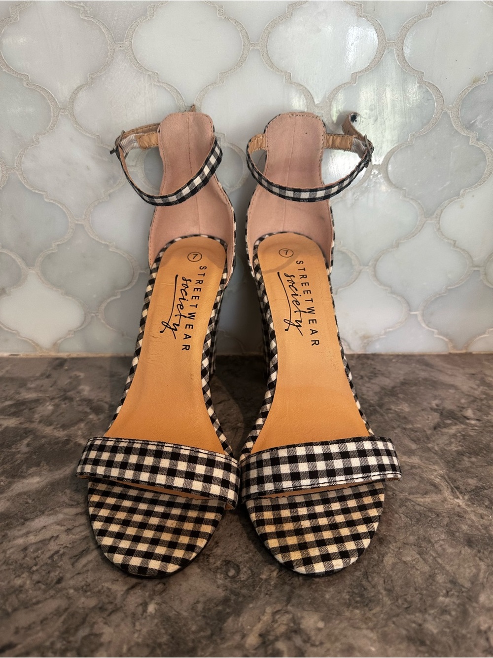 Streetwear Society Black & White Gingham Ankle-Strap Block Heels - Picture 2 of 6